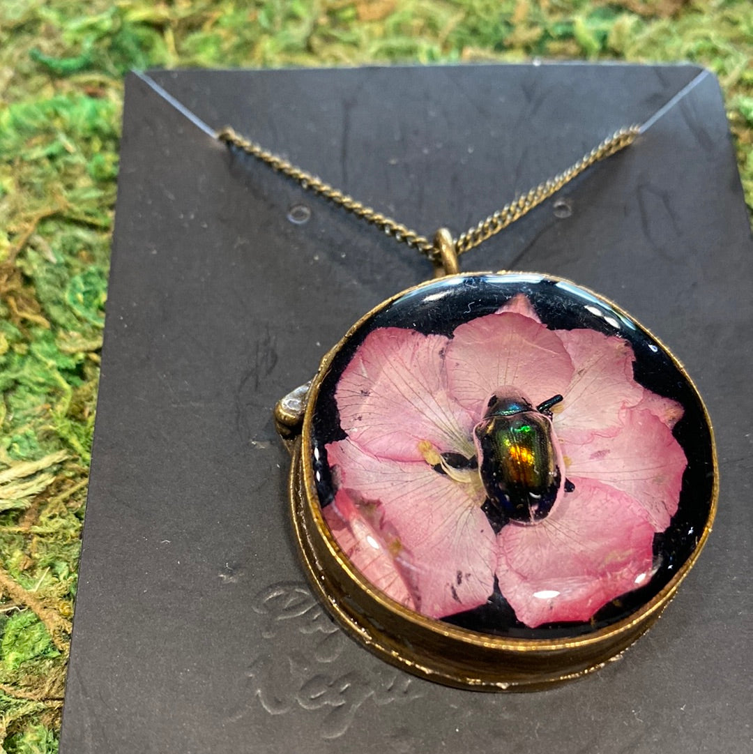 Large Round Flower & Beetle Necklace
