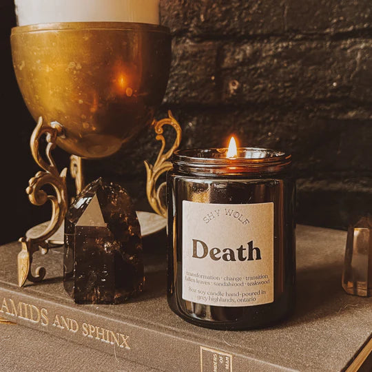 Death Tarot Card Candle - Fallen Leaves, Sandalwood, Teakwood Black Wax Soy Candle