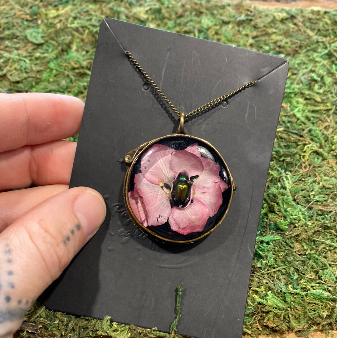 Large Round Flower & Beetle Necklace