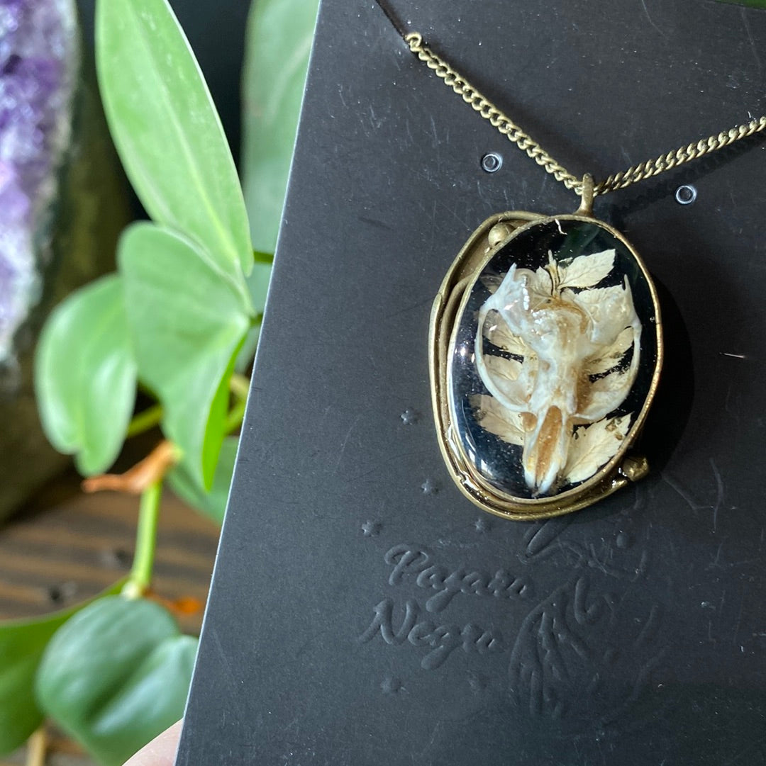 White Botanical Mouse Skull Necklace