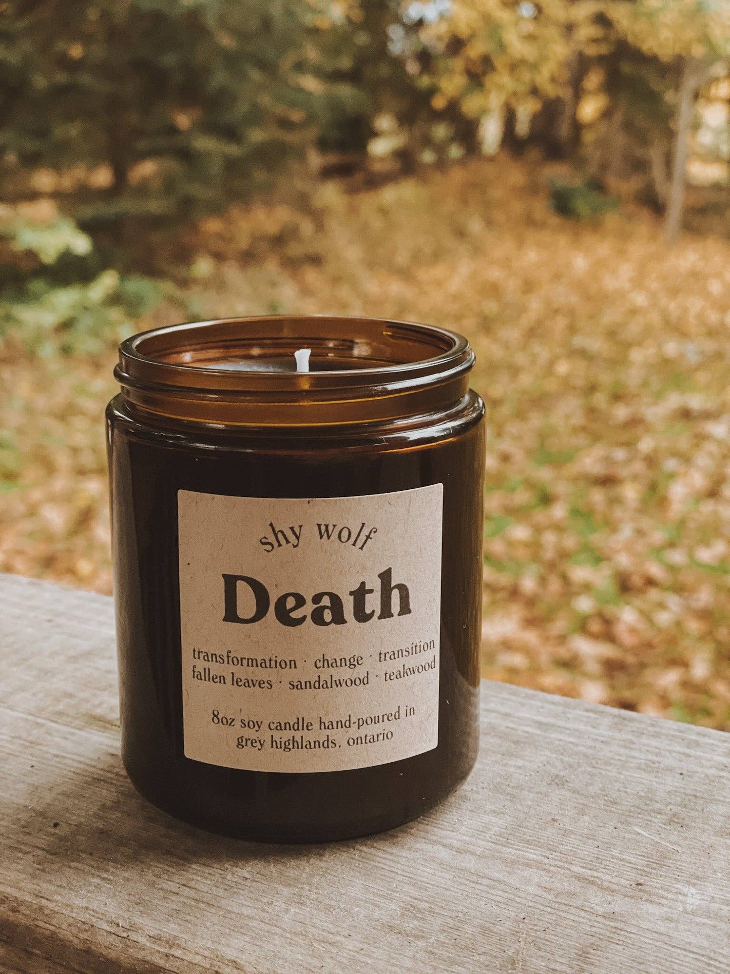 Death Tarot Card Candle - Fallen Leaves, Sandalwood, Teakwood Black Wax Soy Candle