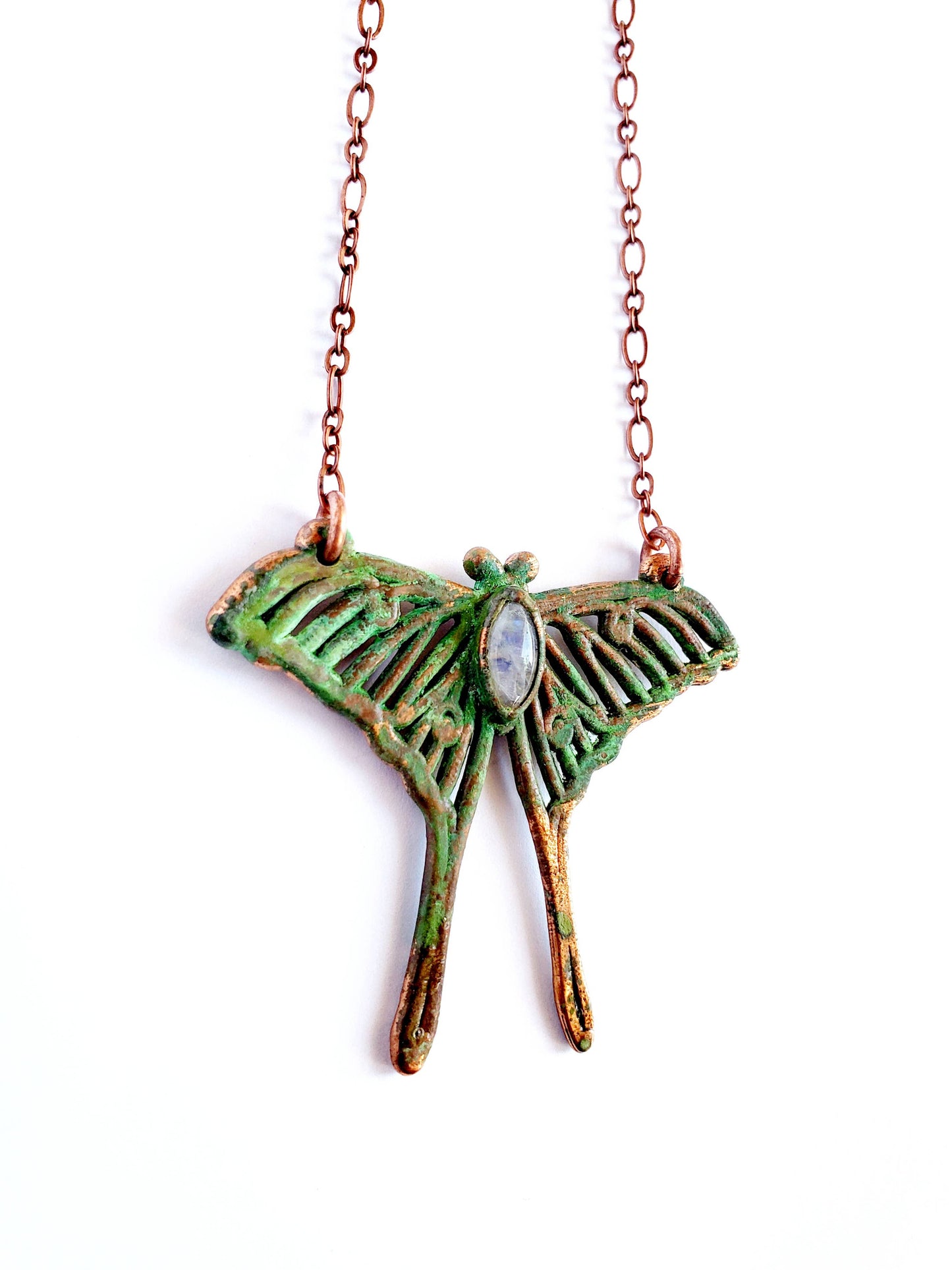Rainbow Moonstone Luna Moth Necklace