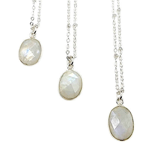 Dainty Faceted Oval Rainbow Moonstone Necklace