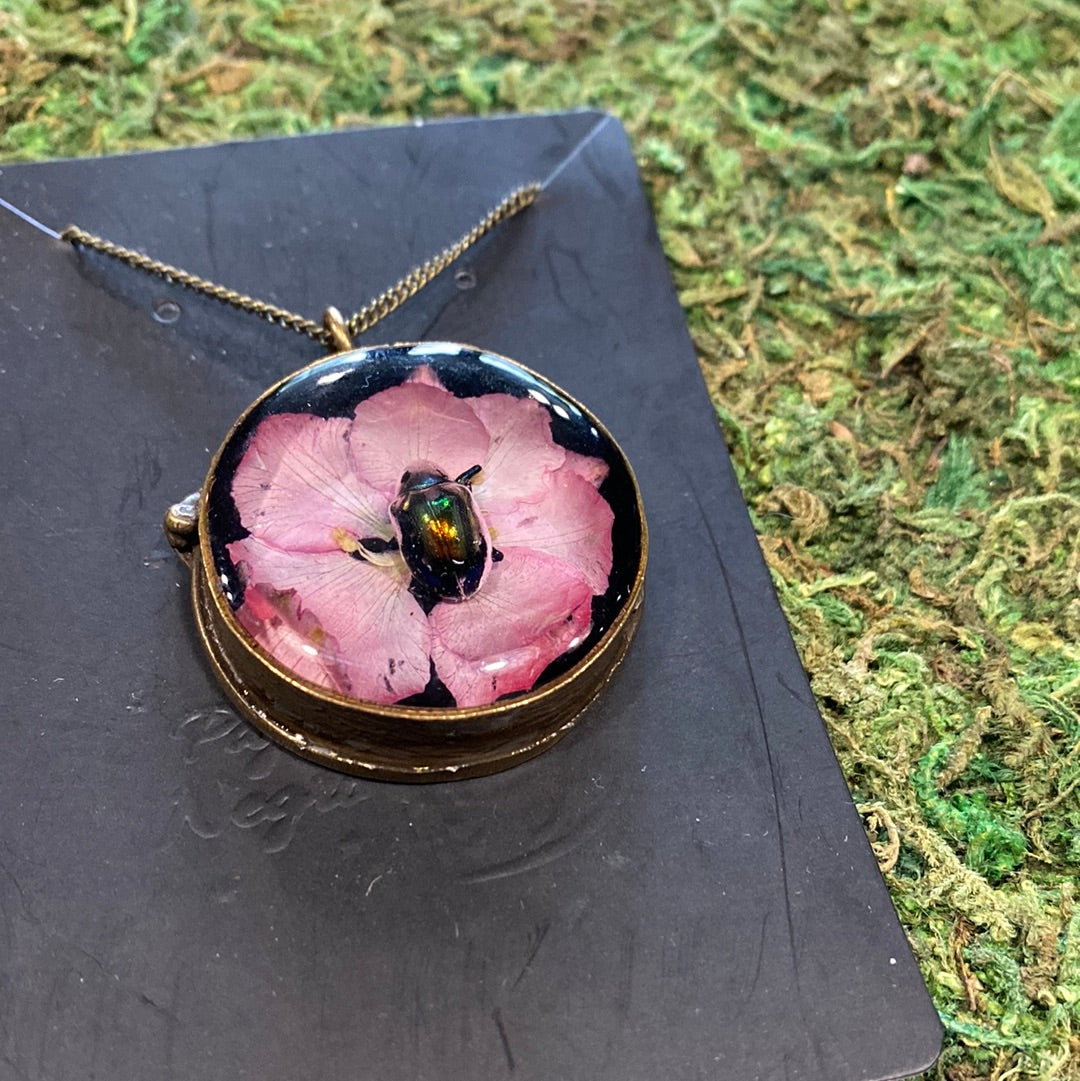 Large Round Flower & Beetle Necklace