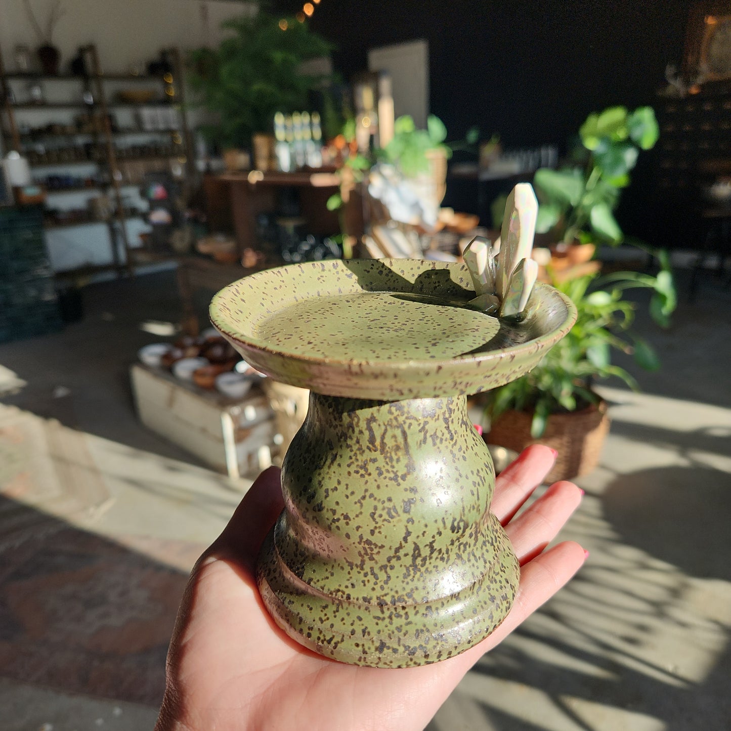 Large crystal candle holder green